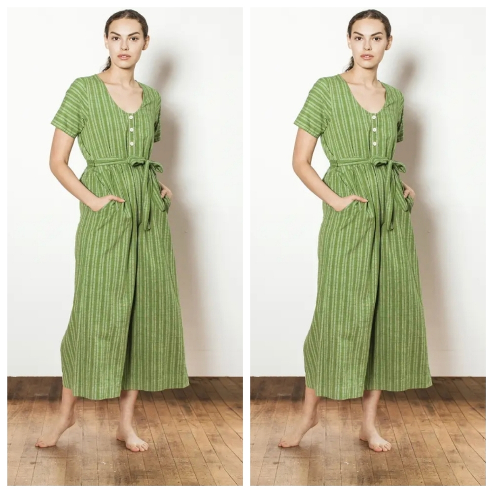 Ace&Jig Lyle Wide Leg Jumpsuit Medium Palm Green Striped Belted Button Pockets